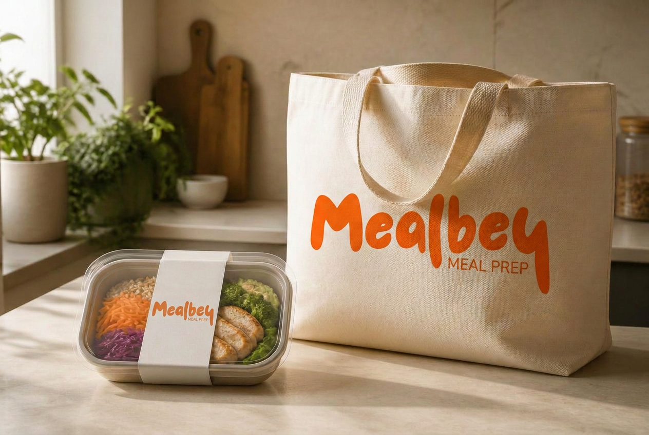 Mealbey Meal-Prep-Gericht und Tragetasche mit dem originalen Mealbey Logo